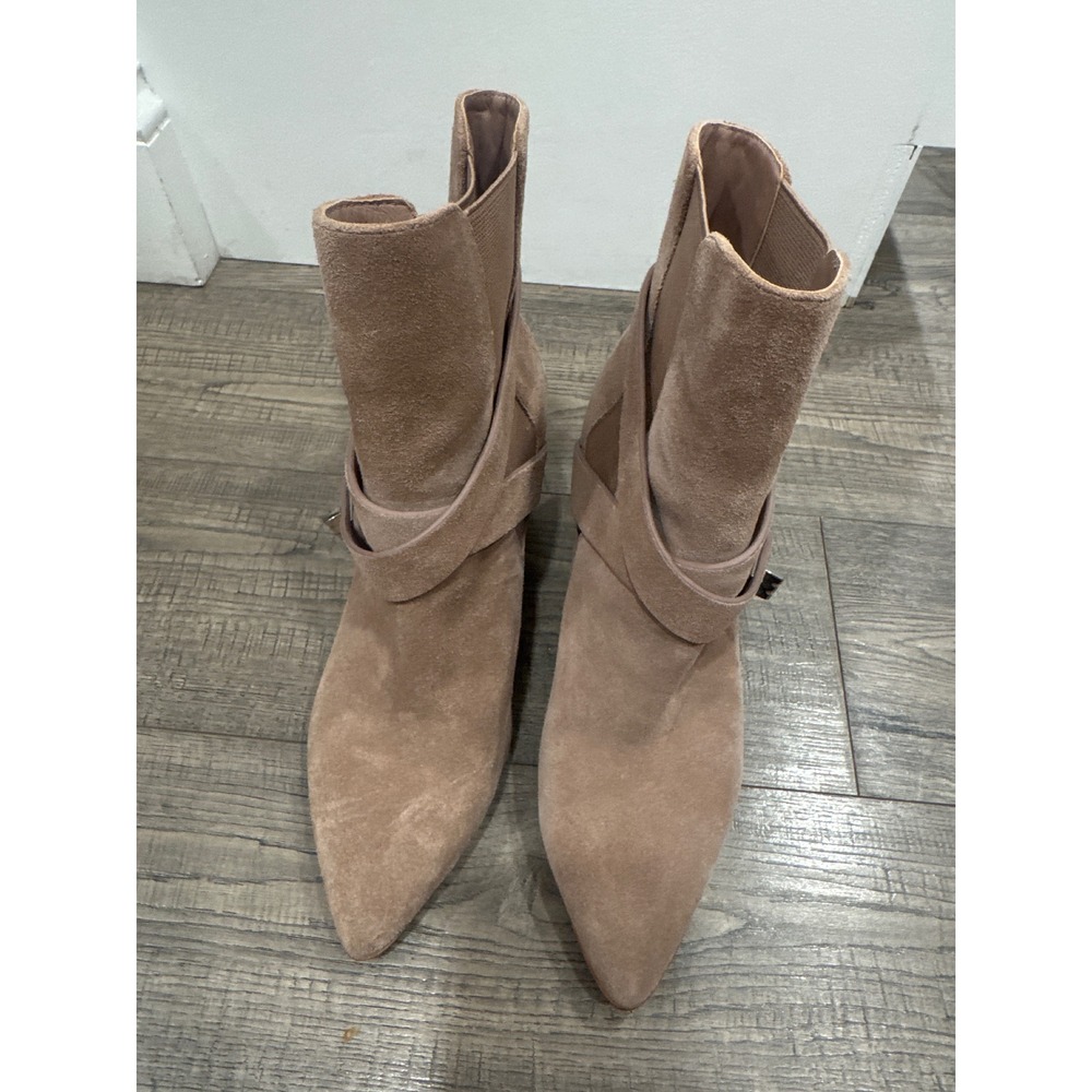 Charles David Elude Taupe Suede Turn-Lock Ankle Boots Pointed Toe 8.5M
